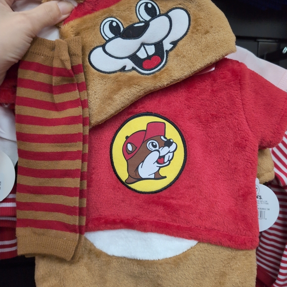 Cute Red and Brown Animal Outfit with Striped Scarf